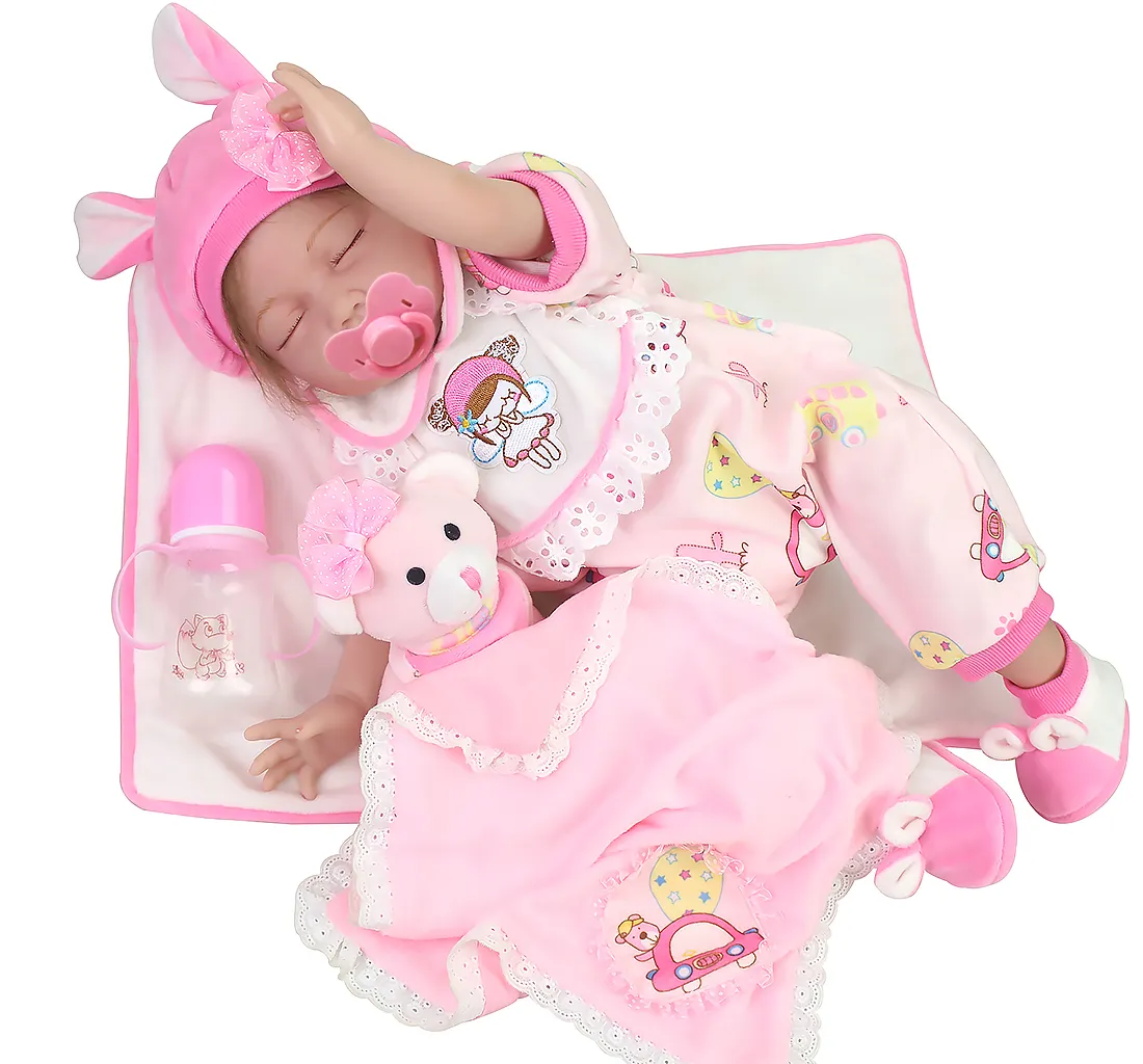 Pink Lifelike Reborn Baby Doll 9-Piece Gift Set Handmade 22" Silicone Weighted Realistic Sleeping Baby