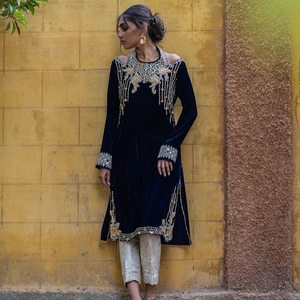 --EMBROIDERY WITH CRYSTAL GLASS BEADS,DABKA,WORK ON STYLISH VELVET KAMEEZ ,BROCADE <b>PANT</b> DRESS for Party-WEAR /WEDDING@ 2022 - Product Image 1
