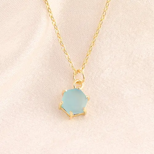Best quality sky blue chalcedony prong setting necklace brass gold plated necklace hexagon shape pendant chain necklace jewelry