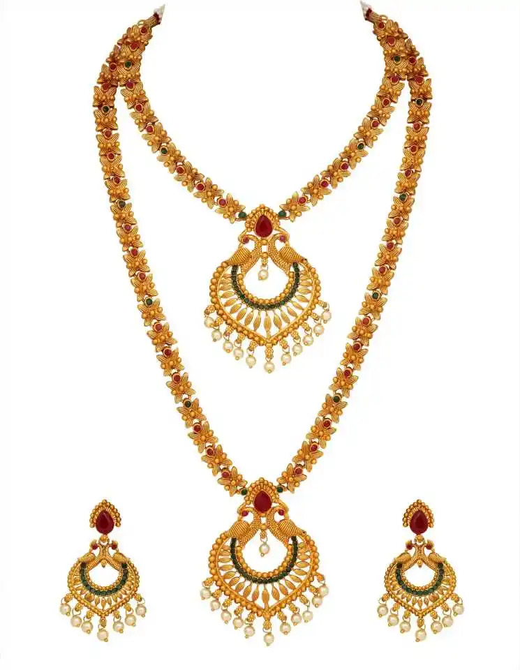Alex Jewellery - Antique Gold Plated Dual Half Necklace Set With Earring Jewellery Set
