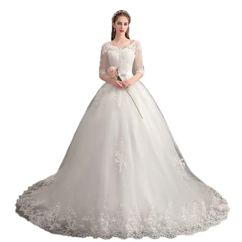 Nouvelle robe de mariée en dentelle à col en V profond, robe de mariée à manches longues européenne et américaine