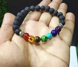 Pulseira de pedra natural lava 7 chakra, pulseira com pedras preciosas elásticas, cristal de cura, para mulheres e homens