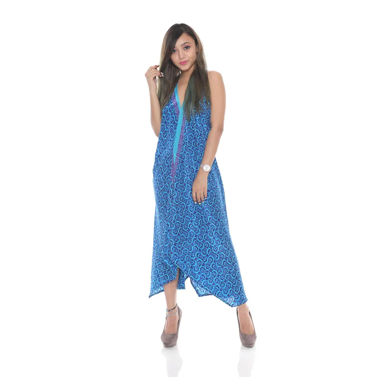 Floral imprimir boho vestido longo sari, da praia do verão maxi dress women longo mangas multi cor vestido casual para o verão