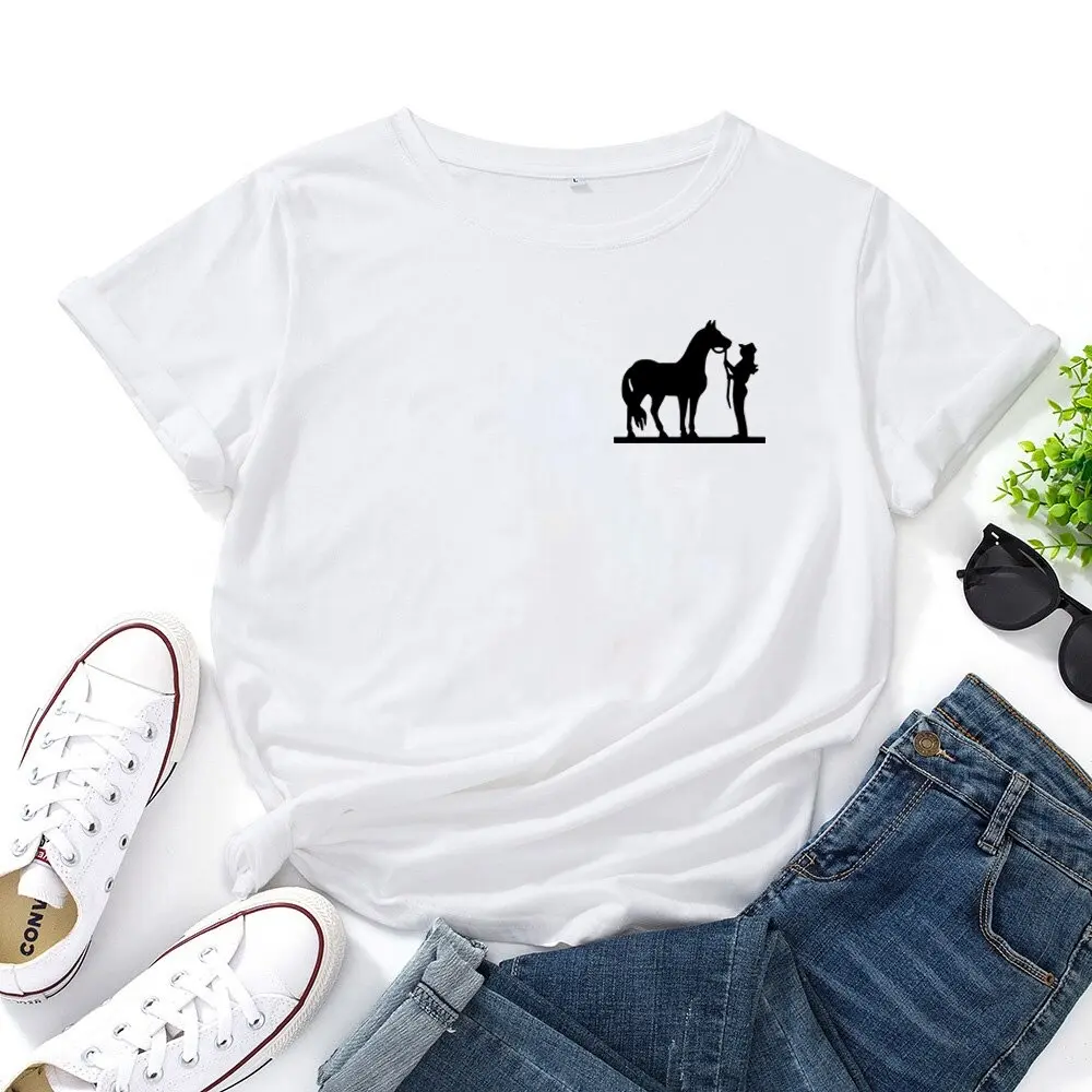 Groothandel Custom Vrouwen T Shirts Zeefdruk T Shirt Katoen Korte Mouwen Zomer Shirt Paard Print