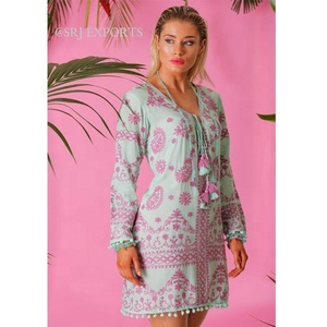 Indonesia <b>Beach</b> Cover Lace Embroidery Vintage Swimwear Ladies Bohemian Mini Casual Summer Dress Traditional Aari Hot <b>Tunic</b> - Product Image 1