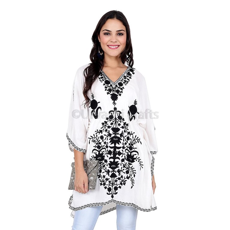 Casual White Dress with Black Embroidery - Vintage Kaftan
