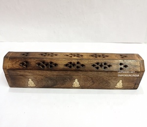 Nueva caja de varitas de incienso con incrustaciones de latón de Buda tallado en madera de Mango para fragancia casera al por mayor de La India - Product Image 1