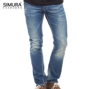 กางเกงยีนส์เดนิมสีน้ำเงินทรงสลิมฟิตสำหรับผู้ชาย ยี่ห้อ SIMURA เอวกลาง สไตล์ลำลอง แต่งดีเทลขาดๆ ระบายอากาศได้ดี ผลิตจากผ้าฝ้าย - Product Image 3