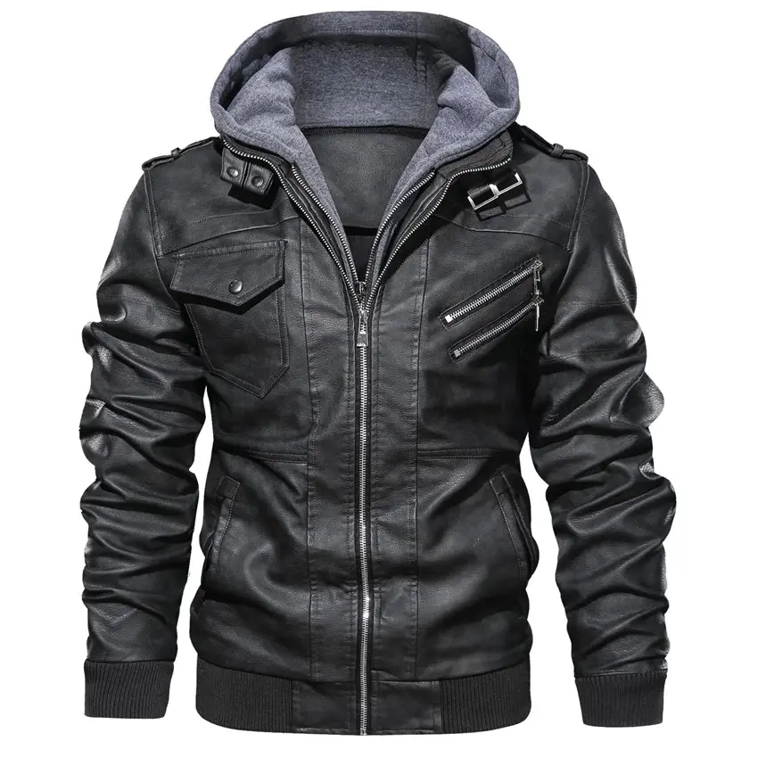 Winter Coat Leather Jacket Wholesale High Quality Casual Stand Collar Motorcycle Pu for Men with Pocket Outdoor Wear Embroidered