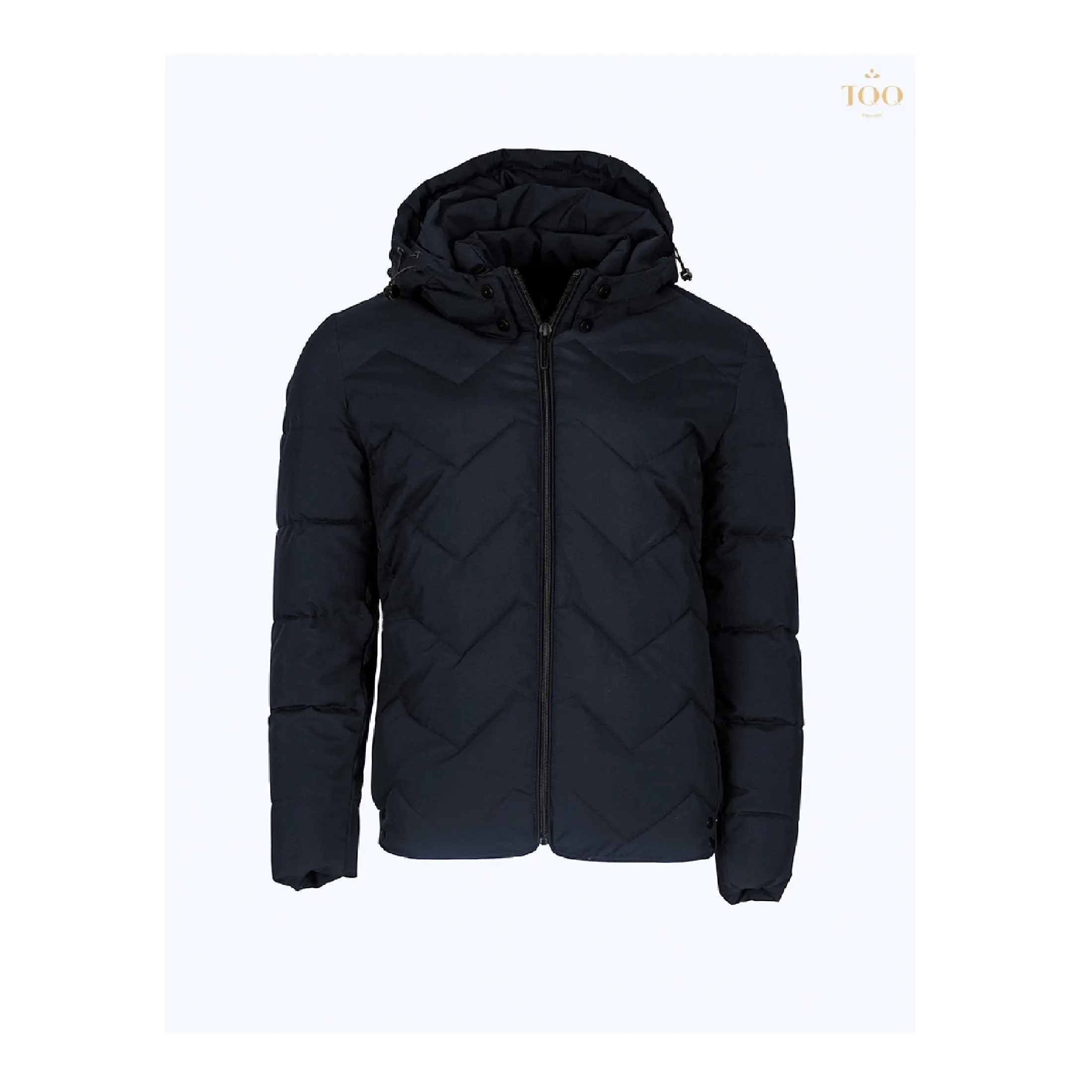 Regular COLLARLESS Zipper winter jacket men Stretch Puffer Jacket with Detachable Hood in Navy Length 100% Polyester