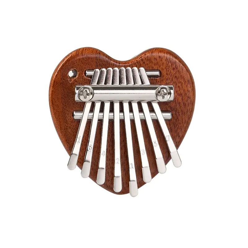 Atacadista de fábrica na China Mini Kalimba de madeira maciça de 8 teclas, piano de polegar em forma de coração de mogno, mini Kalimba de alta qualidade