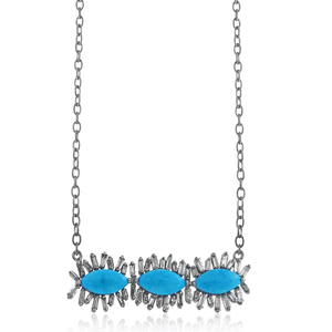 Collar de cadena de 16 "de Plata de Ley 925 con piedra turquesa en forma de marquesa y diamantes cortados - Product Image 1