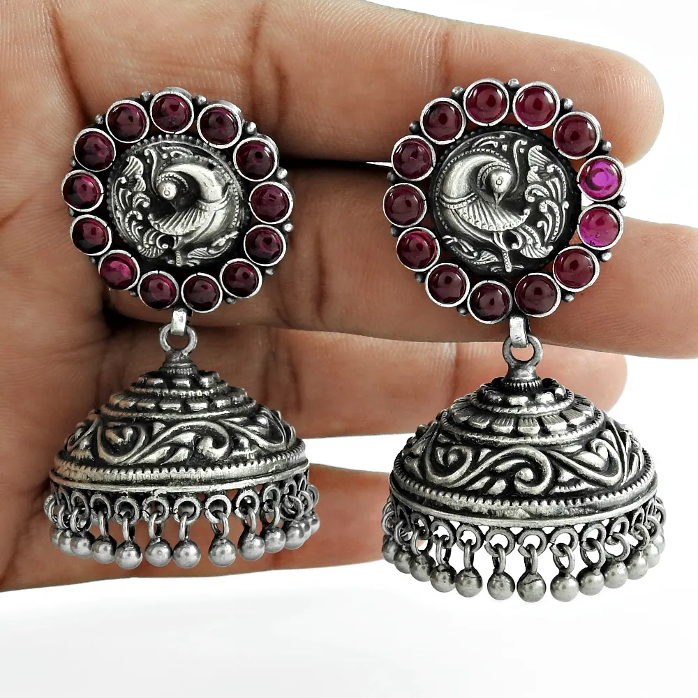 Ruby Anting Buatan Tangan Jhumka Perhiasan Artisan Anting Perak untuk Wanita & ANAK Perempuan Kualitas Tinggi 925 Perak Murni Merah Muda Bezel IGI