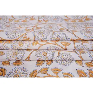 Kain katun cetak blok tangan yang indah, kain India cetak blok dijual oleh halaman, 100% katun bunga kuning dan putih