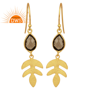 Leaf Design Gold Plated 925 Silver Dangle Earrings Wholesale Natural Smoky Quartz Gemstone Earrings Jewelry - Product Image 1