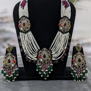 Bright Bold Beautiful jewelry Handmade layered Mala set with Beautiful 3 AD Brooches at factory prices