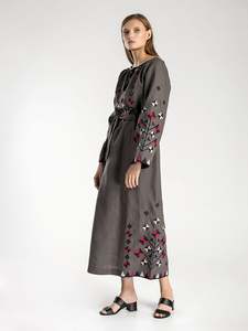 Robe brodée drapée tissée à taille naturelle florale de créateur pour adultes, col en O, à manches longues, robes de soirée décontractées pour femmes - Product Image 2