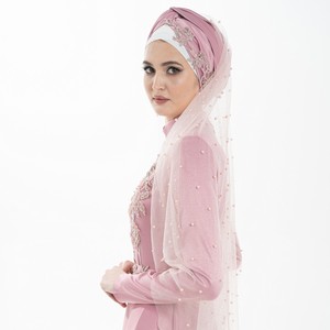 Vestido modesto islámico con tocado Rosa Canna fucsia Slim Fit Abaya vestido con bordado para mujer del fabricante - Product Image 4