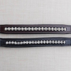 Black or Brown Top Quality Leather Horse Brow Band Straight Shaped Full Stitching & Padding Brow Band with Pearls and Crystals - Product Image 1