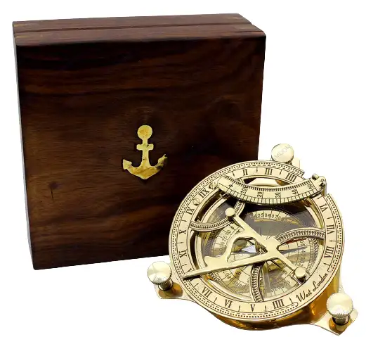 Nautical Antique Brass Natural shine Sundial compass with wooden gift box.