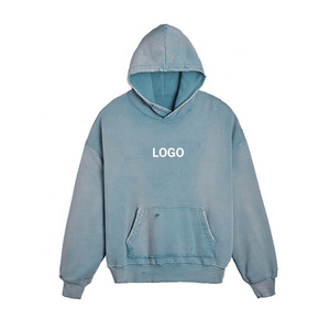 เสื้อมีฮู้ดฟอกสีกรดแบบแฟชั่นสตรีทแวร์ขอบขาดสำหรับฤดูหนาวลายพื้น - Product Image 6