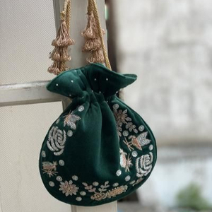 NEW DAZZLING-DESIGNER POTLI BAG WITH STYLISH EMBROIDERY OF DABKA,CRYSTAL GLASS BEADS,STONE WORK ON BAGS FOR PARTY & <b>WEDDING</b>@2022 - Product Image 1