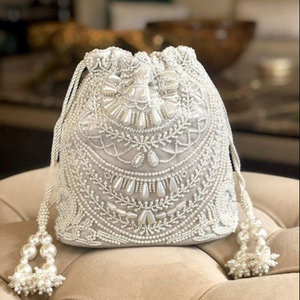 WHITE POTLI BAG BEAUTIFUL PEARL WORK LATCAN & STYLISH ZARI EMBROIDERY ON SILK FABRIC FOR PARTY & <b>WEDDING</b> @ 2022 - Product Image 1