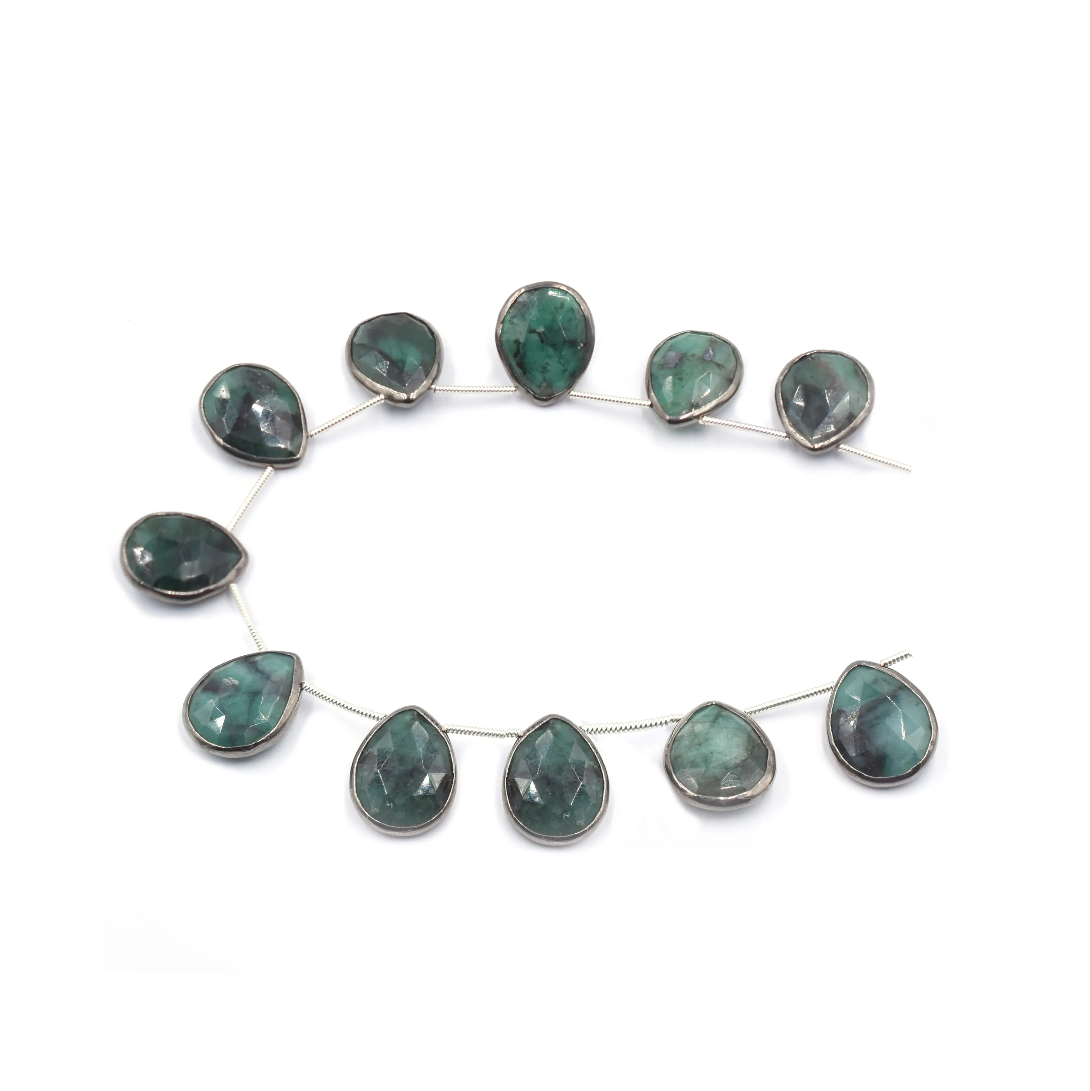 Emerald 17 To 19 MM Pear Shape Silver Bezel Black Oxidized Plated Top Side Drilled 11 Beads Strand