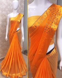 Dernier Designer Festival Porter Fleur Numérique Imprimé Travail Coton Soie Saree avec Chemisier Non Cousu Couleur Dorée Femmes Porter Alphanumero - Product Image 3