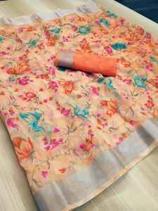 ชุดส่าหรีพิมพ์ลายเสื้อเบลาส์ที่สวยที่สุดผ้าอินเดียลูกไม้ขอบเป็นเส้นไหมที่สวยงามมากสำหรับผู้หญิงส่าหรี - Product Image 4