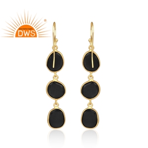 Fabulous <b>Indian</b> Gold Plated Designer Silver Bezel <b>Set</b> Drop Earrings Black Onyx Gemstone Earrings Jewelry Manufacturer - Product Image 3