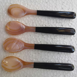 Luxury pink mother of pearl spoon for caviar, black cow horn handle spoon, food safe spoon - Product Image 5