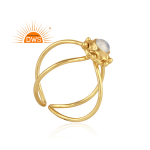Anillo de piedra lunar de arcoíris Natural para mujer, joyería de piedras preciosas, venta al por mayor, Sortija de plata chapada en oro - Product Image 2