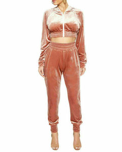 Survêtement en velours de couleur unie pour femme, haut court et pantalon, manches longues, à capuche, col en v, nouvelle collection 2022 - Product Image 2