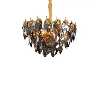 Lustre redondo moderno cristal de fumo, luminária cinza, pendente em forma de folha, decoração de casa, luxo k9
