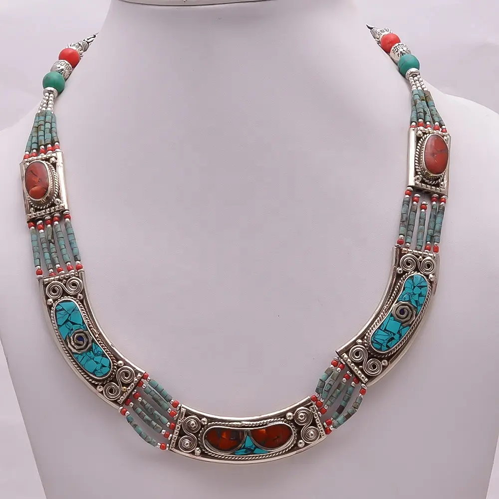 Collar de piedras preciosas de Coral turquesa Natural, collar antiguo de plata tibetana Nepali, joyería al por mayor