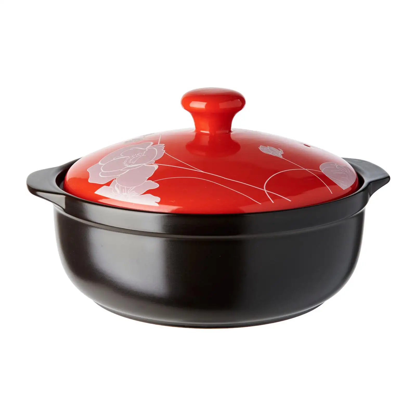 Low MOQ 2.5L Red/Black Color Cera Vita Silver Peony Casserole Ceramic Pot for Cooking with Lid Size D25 x H9cm