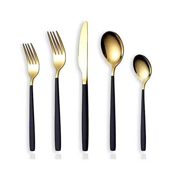 Cubiertos de acabado combinado negro dorado, diseño de acabado brillante, vajilla, cucharas y tenedores de diseñador, vajilla de interior, cubiertos de Metal