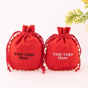 Luxus weich Baumwolle Armband Schmuck Kordelzugbeutel indisches Rot handgefertigt individuelles Logo Hochzeit Geschenkverpackungstasche Großhandel