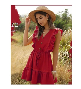 Vestidos de tela de rayón con cuello de pico profundo para mujer, ropa informal de manga corta para verano, 2022 - Product Image 1
