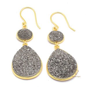 Wholesale 925 Sterling Silver Gray <b>Titanium</b> Druzy Drop Dangle Earrings Gold Plated Gorgeous Glitter for Weddings - Product Image 1