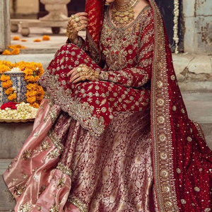DAZZLING--ELEGANT--BRIDAL--<b>KURTA</b> WITH BROCADE---LEHENGA--with--Embellished in Crystal Glass Beads Stone ,work for Wedding=2021-- - Product Image 1