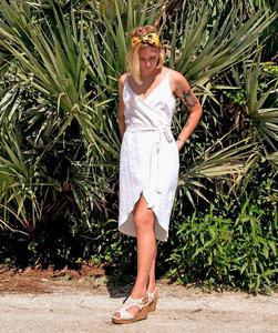 Exotic Style Beach Wear Women Linen Loose Knee Length Beautiful <b>White</b> Linen Wrap <b>Dress</b> Perfect Beach or Resort Party Wear <b>Dress</b> - Product Image 1