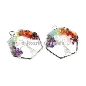 Chakra <b>Tree</b> of Life Hexagone Pendant with <b>Crystal</b> & Rhinestone Agate Main Stone | Religious Unisex Pendant - Product Image 1