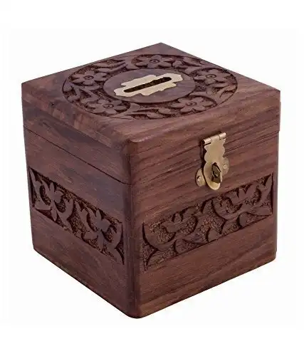 लकड़ी सिक्के भंडारण बॉक्स, नक्काशी कार्य और ताला के साथ पैसे बैंक