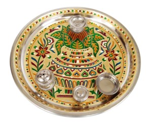 Kalash สแตนเลส meenakari จานตกแต่ง/THALI-SILVER Puja กับ4 tumblers (11 "X 11" x 0.75 "นิ้ว) - Product Image 3