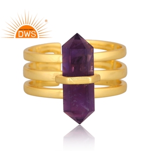 Anillo de Plata de Ley 925 con Baño de Oro y Amatista Natural en Forma de Lápiz, Diseño Moderno, Joyería de Boda para Mujer, Certificado, Último Modelo 2026 - Product Image 1