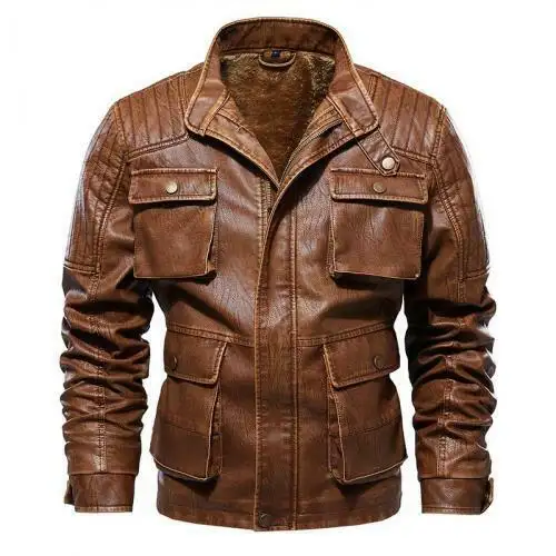 2021 Men's Faux Leather Jacket Outdoor Multi Pockets Long Sleeve Lined Warm Winter With Custom Sizes