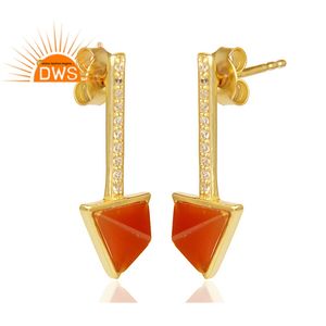 Pendientes de tuerca de Plata de Ley 925 chapados en oro de 14k, joyería al por mayor, aretes triangulares de ónix rojo Natural, proveedor - Product Image 2