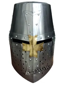 Medieval Knight Halloween Templar Knight Helmet Norman Crusader With Wooden Stand Black Finish Brass Design